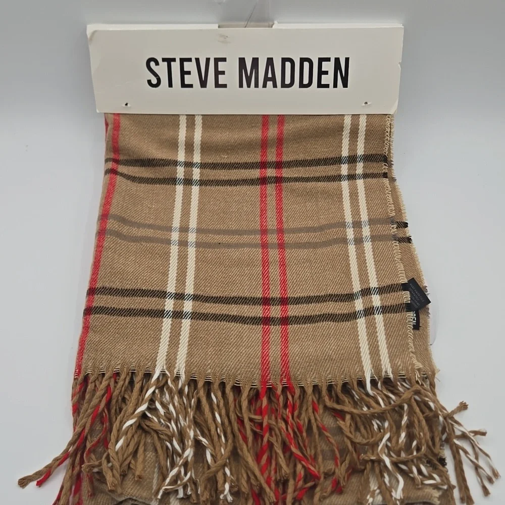 STEVE MADDEN NWT One Size Plaid Scarf Tan Cream Red Black